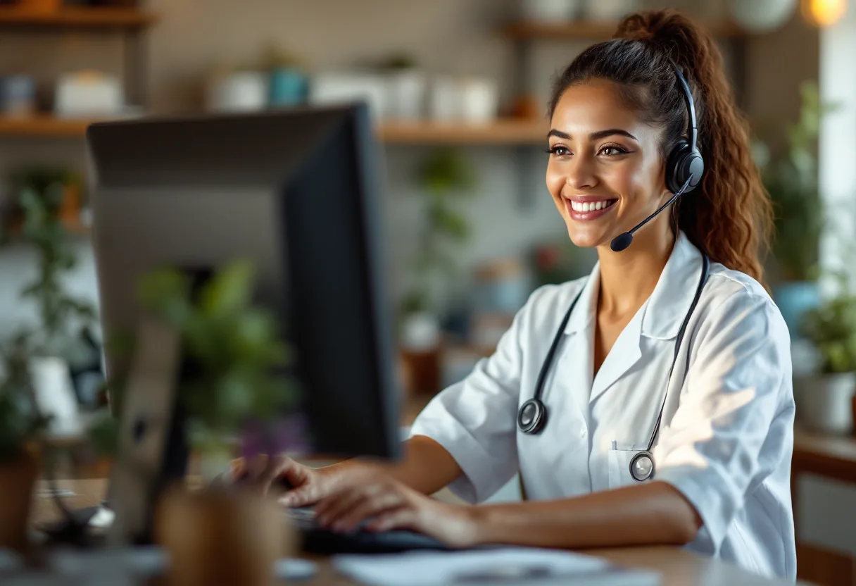 A friendly veterinary receptionist with a phone headset smiling while working at a tidy reception desk.