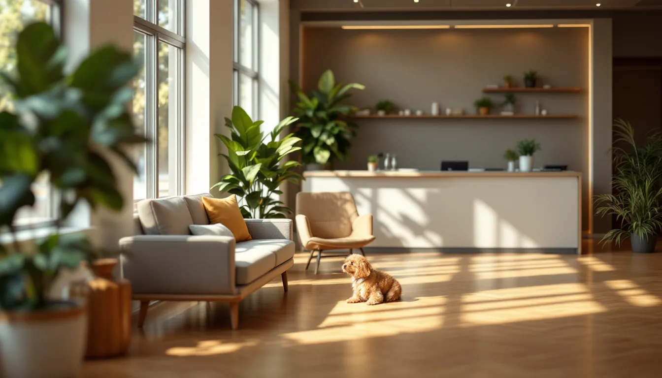 A calm, sunlit waiting room of an independent veterinary clinic with comfortable seating, plants, and warm wood tones.